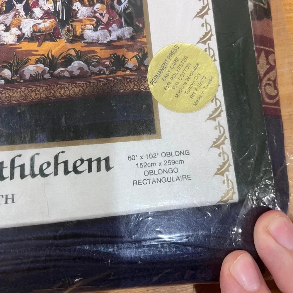 Vtg Bardwil Linens Night In Bethlehem Tablecloth Nativity 60x102 Oblong Navy NEW